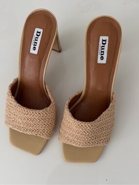 Dune London Raffia Woven Mule Heels Beige Square Toe Slides EU 38 US 7 Like New